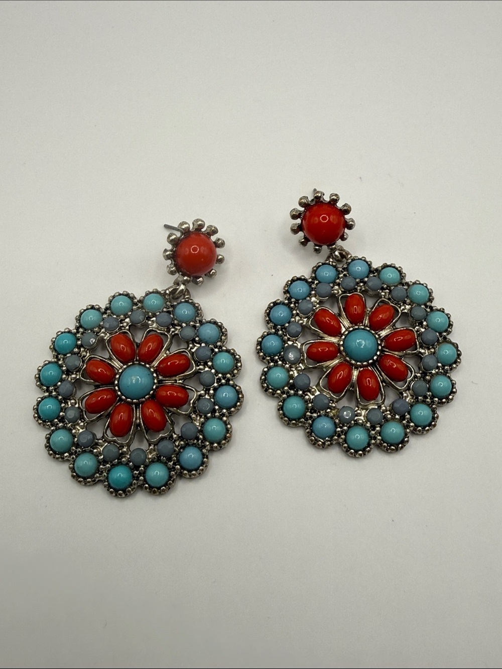 Vintage Southwestern Turquoise Blue Red Dangle Drop Statement Earrings